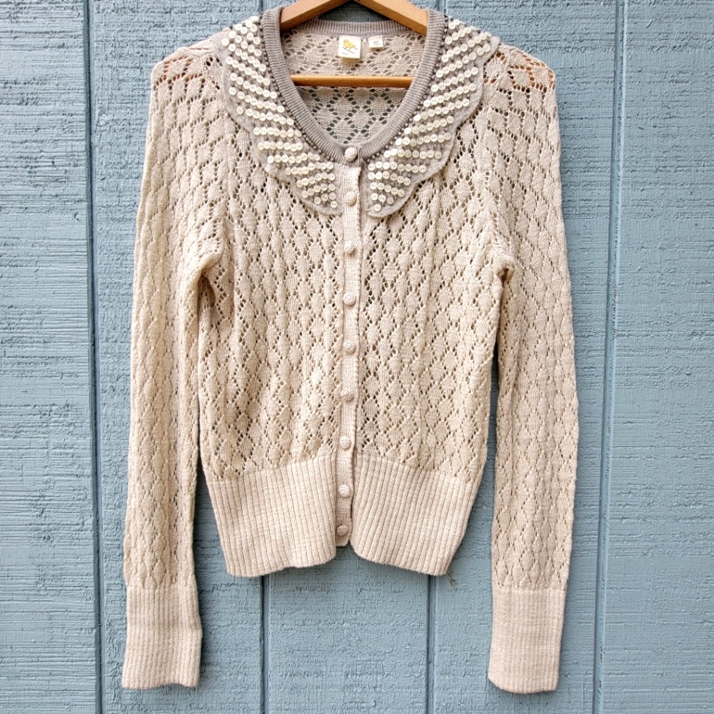 Anthro Yellow Bird Rhinestone Button Collar Wool Cardigan size L Oatmeal